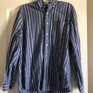 Large. Blue striped button up!